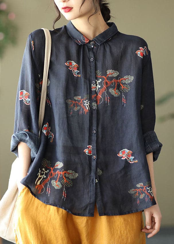 Elegant Black Peter Pan Collar Button Print Linen Shirt Tops Long Sleeve GK-LTP220506