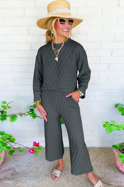 Solid Quilted Pullover and Pants Outfit - Two Piece Sets - Sunny Angela