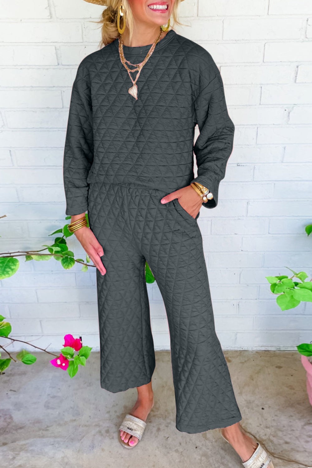 Solid Quilted Pullover and Pants Outfit - Two Piece Sets - Sunny Angela