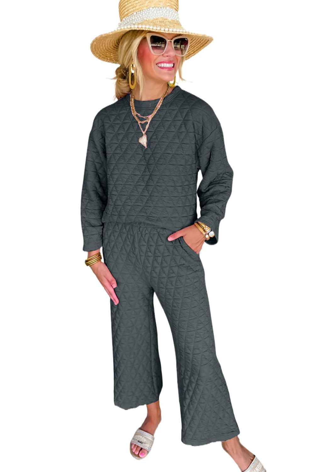 Solid Quilted Pullover and Pants Outfit - Two Piece Sets - Sunny Angela