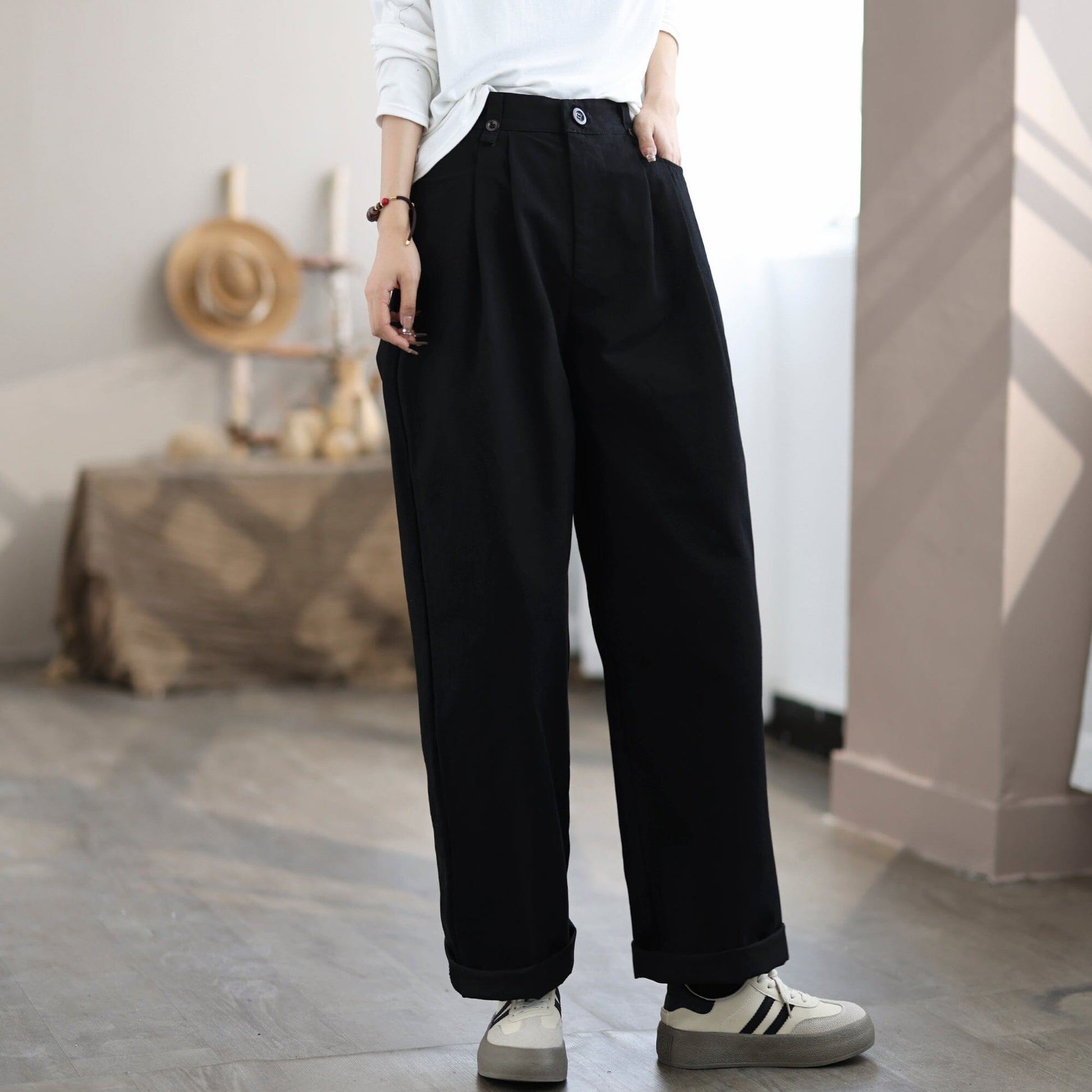 Women Casual Solid Minimalist Cotton Wide Leg Pants